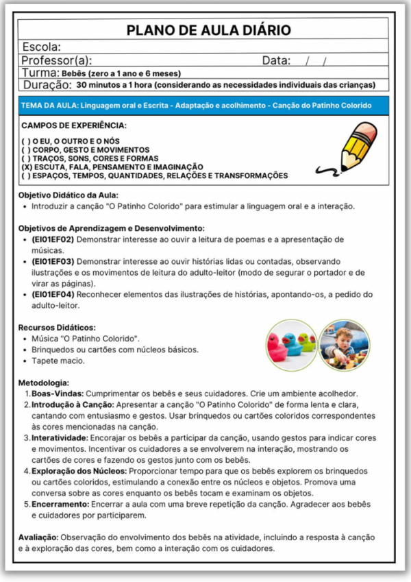 Planos de aula para berçário de acordo com a bncc editável no word